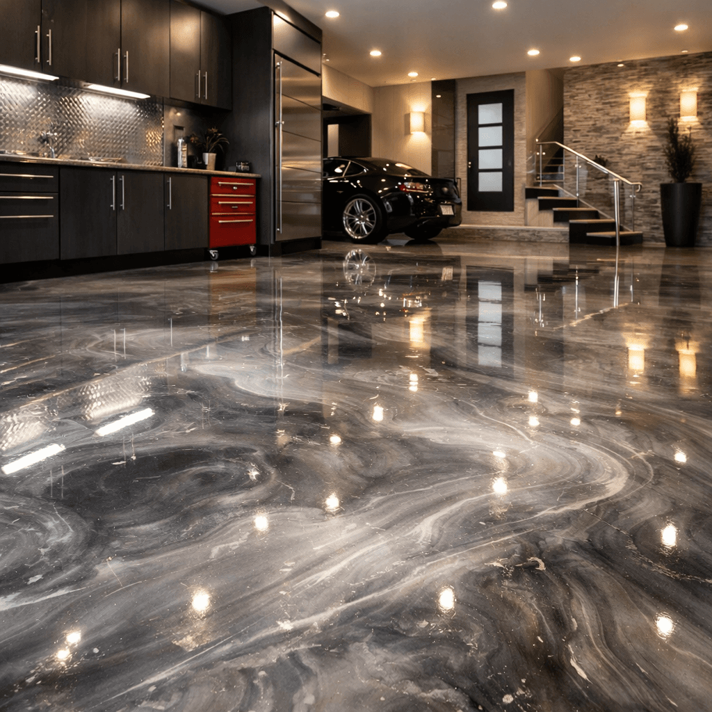 Glossy metallic epoxy garage floor